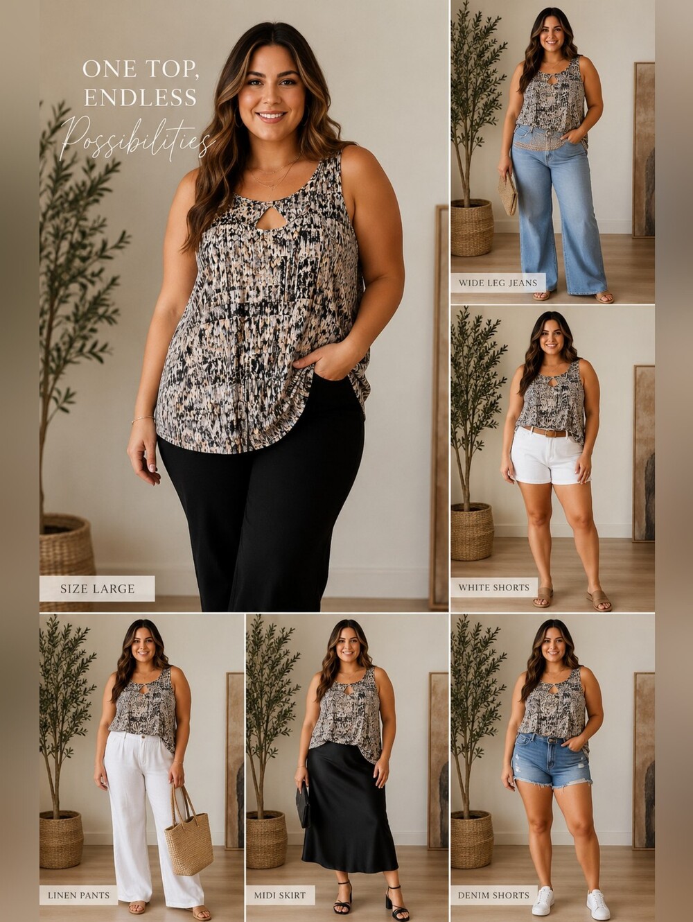 Rose & Olive Neutral Print Keyhole Tank Top